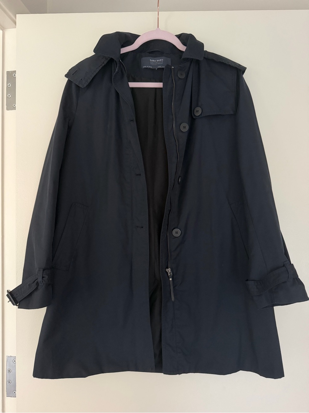 Zara Navy Trench Coat with Button & Zip Front
